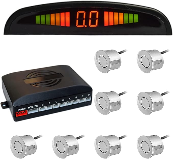 Riloer Car Front and Rear Security Reversing Radar Kit, LED Display Buzzer Alarm 8 Sensor Front and Rear Parking Sensor Prompt for Cars (Silver)