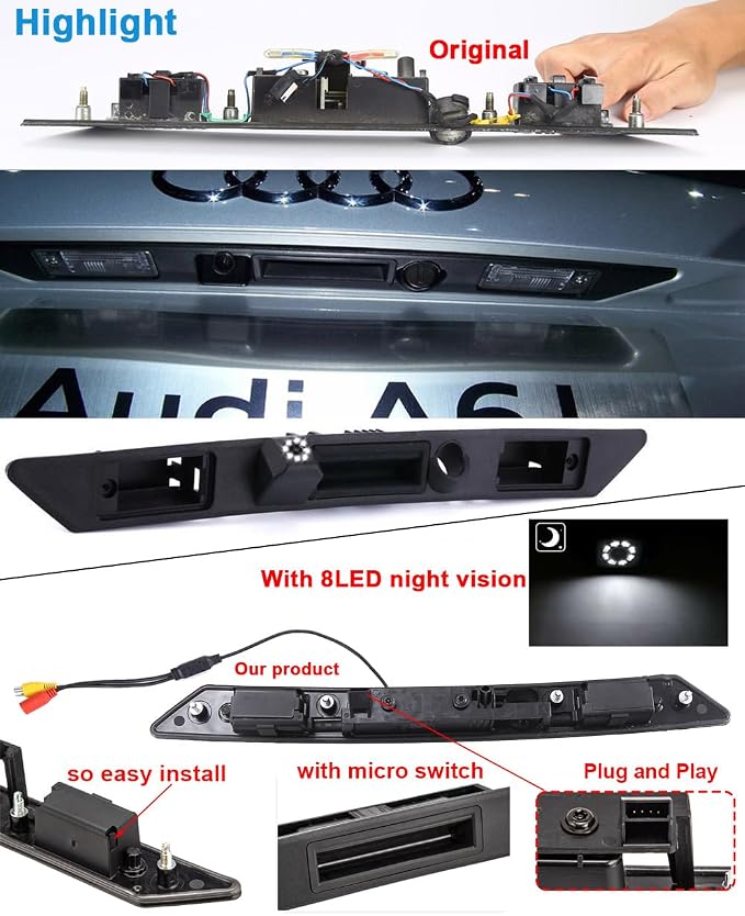 HD Auto 8LED 170° Wide Angle Rear View Reverse Trunk Handle Backup Camera Compatible with Audi A3 8P/8V 8PA S3 V6/A4 B7 S5/sedan/RS4/A5 RS5/A6 C6/A8 S8/Q7/RS3/S4/RS6/Seat Exeo 3R2/V W Plus RS (NO.D)