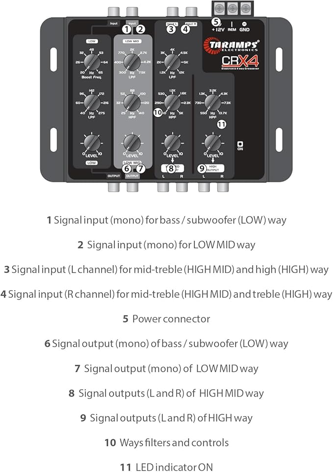 Taramps Crx4 Electronic 4 Way Crossover Rca Channels 8 Volts Rms Car Audio Processor Stereo Equalizer Great for Low/High with Bass Boost, Compact Size