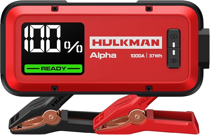 Hulkman Alpha,Ultra Red,1000A 37Wh Jump Starter,10000mAh Power Bank, Portable,12V Jump Box with Jumper Cables,45-Min Full Recharge,24-Month Standby,Easy Start,IP65,LED Display,for 6.5L Gas/3.0L Diesel