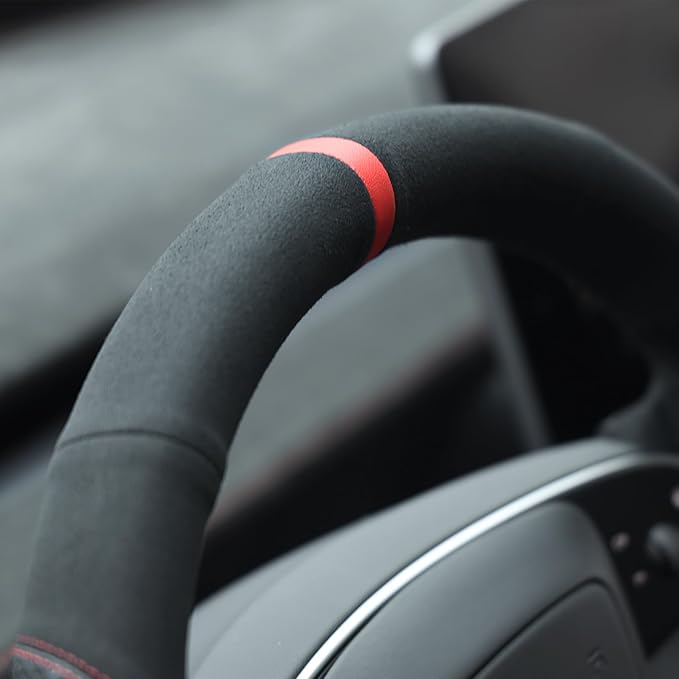 MEWANT Hand Stitched Steering Wheel Cover for 2024 2025 2026 Tesla Model 3 Highland 2025 2026 Model Y Juniper Black Suede Genuine Leather Custom Fit DIY Wrap Interior Accessories