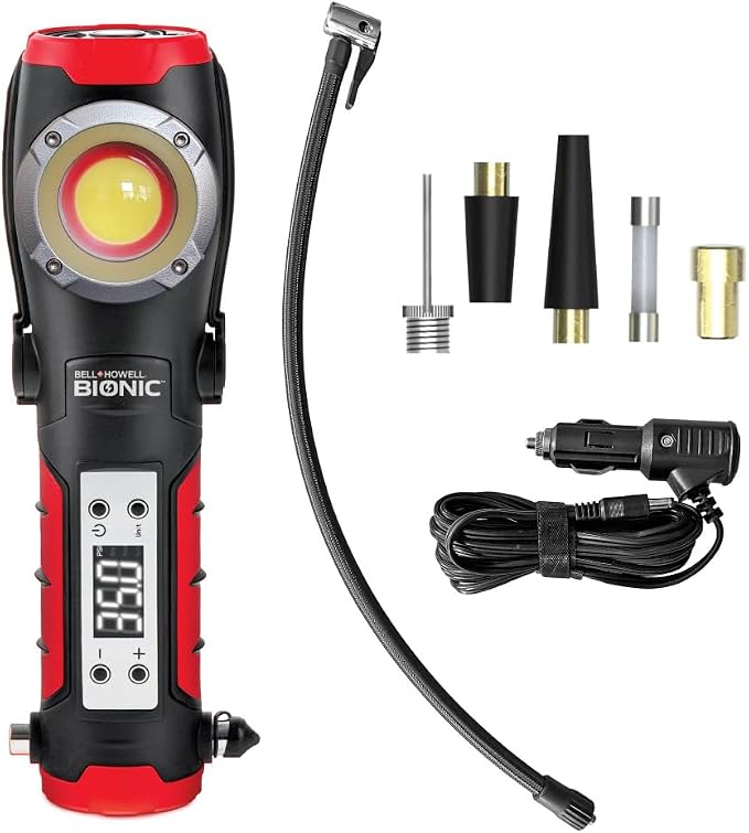BIONIC Car Tire Inflator Portable Air Compressor with LED Road Flare, Work Light, & Window Breaker, 1500MAH Air Pump with Pressure Gauge, Emergency Lights for Vehicles, Rechargeable (120 PSI)