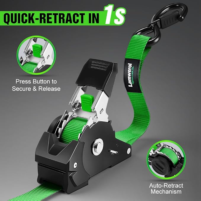 Retractable Ratchet Straps (4-Pack) - 1 Inch x 10 Feet (1,650lb Break Strength) - Heavy Duty Auto Self Retracting Tie Down Straps for Motorcycle, ATV, UTV, Truck, Cargo Trailer - Green