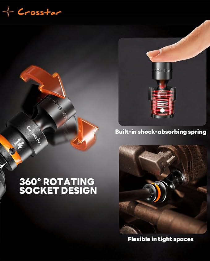 Crosstar 14 Pieces 3/8"Drive Swivel Socket Set,Impact Rated Universal Joint,CR-MO Steel,Metric and SAE Wobble Socket,6-Point Shallow Socket with Transparent Case,Flexible 360°Rotation for Tight Spaces