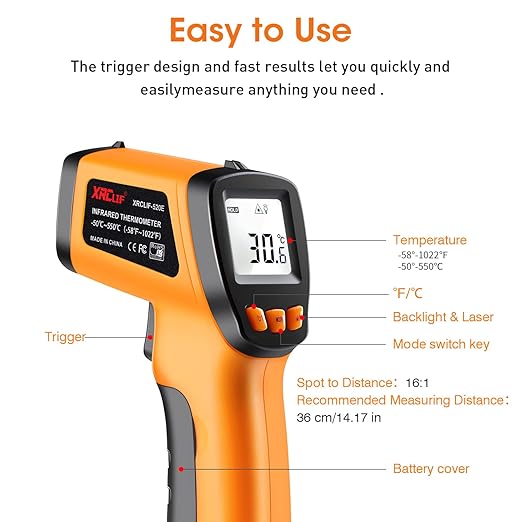 Infrared Thermometer Gun -58°F to 1022°F, Non-Contact Laser Thermometer with LCD Display, Temperature Measurement Gun for Cooking, BBQ, Oven, Adjustable Emissivity