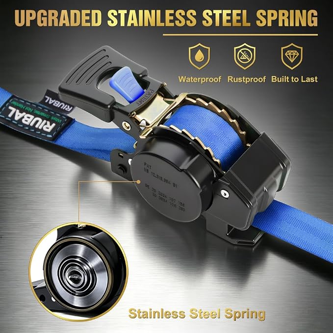 Retractable Ratchet Straps (4-Pack) - 1 Inch x 10 Feet (1,764lb Break Strength) - Auto Self Retracting Tie Down Straps Heavy Duty for Motorcycle, ATV, UTV, Truck, Cargo Trailer – Blue