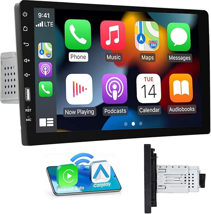 9 Inch Single Din Car Stereo Wireless Carplay Android Auto, 1 Din Touch Screen Car Radio FM AM Audio Receiver with Bluetooth EQ SWC Mirror Link, Backup Camera Mic