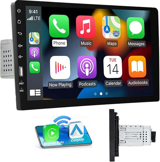 9 Inch Single Din Car Stereo Wireless Carplay Android Auto, 1 Din Touch Screen Car Radio FM AM Audio Receiver with Bluetooth EQ SWC Mirror Link, Backup Camera Mic