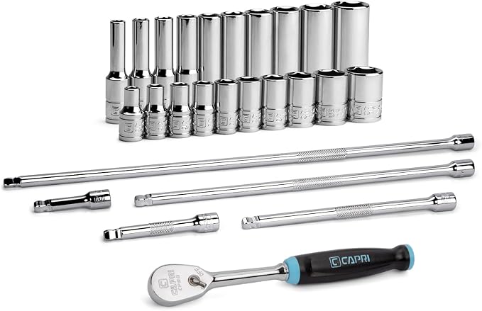 Capri Tools 1/4 in. Drive Master 6-Point Chrome Socket Set, 3/16 to 9/16 in., with Extension and 90-Tooth Soft Grip Ratchet, 26-Piece, SAE
