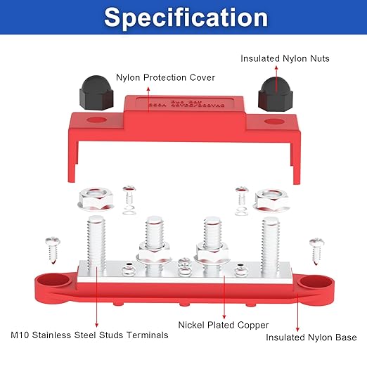 Upgraded Bus Bar 250A 12V Power Distribution Block with 3/8" (M10) 4-Posts Terminals Block with Cover for Automotive, Marine, Battery System(Black & Red)