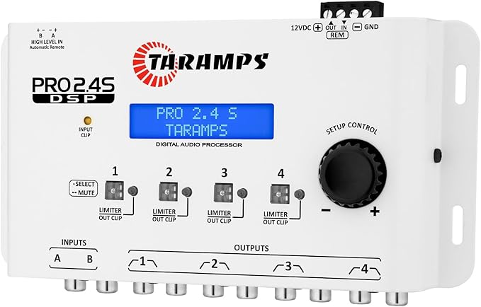 Taramps DSP Pro 2.4S White Crossover Full Digital Signal Car Audio Processor and Equalizer with Sequencer 15-Band Graphic Equalization 12 preset EQ, Remote Signal, Alignment, 2 Channel in and 4 Out