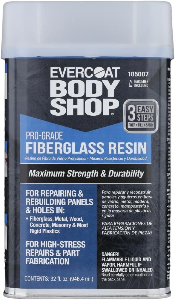 Evercoat Body Shop 105007 Pro-Grade Fiberglass Resin for Repairing and Rebuilding Panels & Holes in Fiberglass, Metal, Wood & More, Easy Mix Hardener Included 32 Fl Oz.