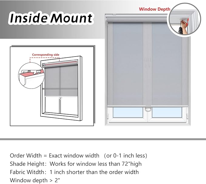 Cordless Roller Shades for Windows Light Filtering Shades with 5% Openness Solar Screen Semi Sheer Roller Blinds UV Protection for Office and Home. Easy to Install 53" W x 72" H (Grey)