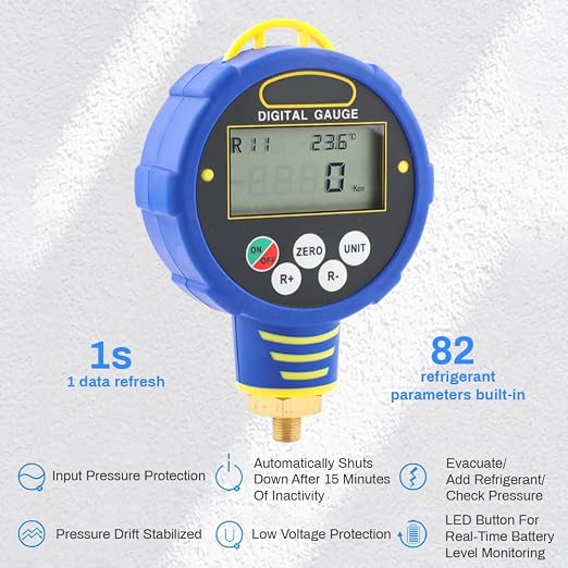 Generic Digital Refrigerant Pressure Gauge, HVAC Vacuum & Low Pressure Tester with 82 Refrigerants Database for Air Conditioning R32 – 1/8 NPT