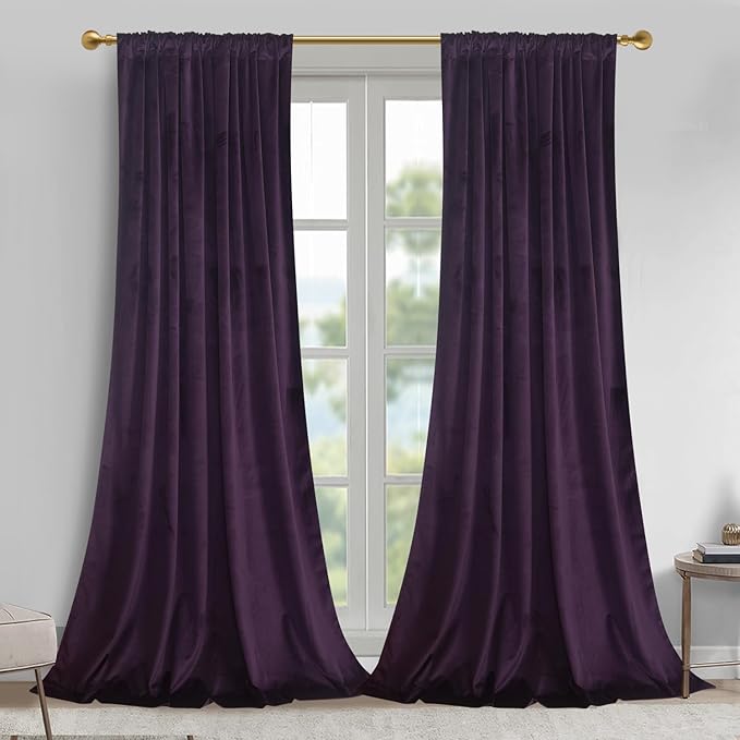 Roslynwood Luxury Soft Deep Purple Velvet Curtains 63 inches Long Back Tab Thermal Insulated Blackout Window Drapes for Living Room/Bedroom/Dining Room, W52 x L63, 2 Panels