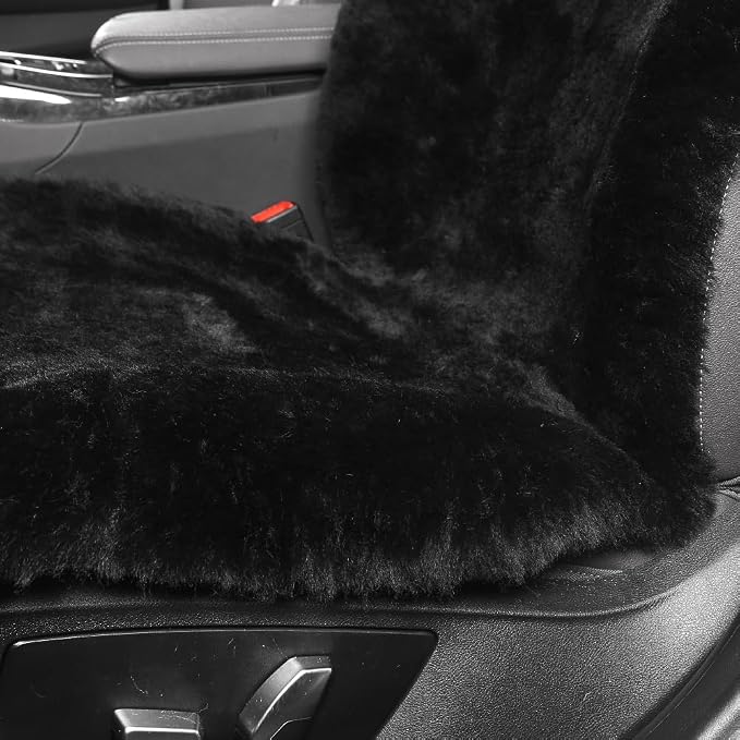 IRIWOOL Fluffy Fur Sheepskin Car Seat Cover Automotive Interior Accessories Seat Covers Accessories Seat Cushions， Soft Natural Pure Wool ，Universal Fits Most Cars SUVs (Black, Universal Fit)