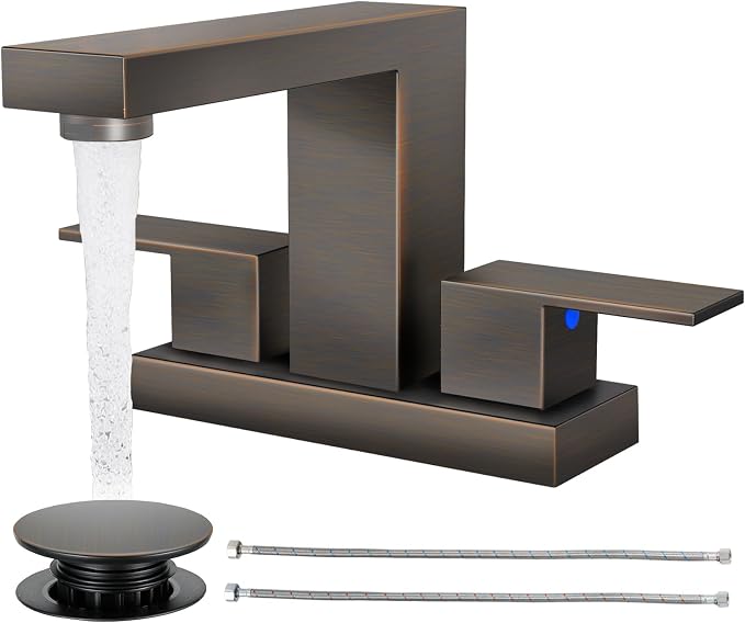 Cobbe Bathroom Faucets for Sink 3 Hole, Oil Rubbed Bronze Bathroom Sink Faucet Square 4 Inch Centerset with Pop-Up Drain, 2 Handle and 2 Supply Hoses, Lead-Free Stainless Steel for Vanity Rv