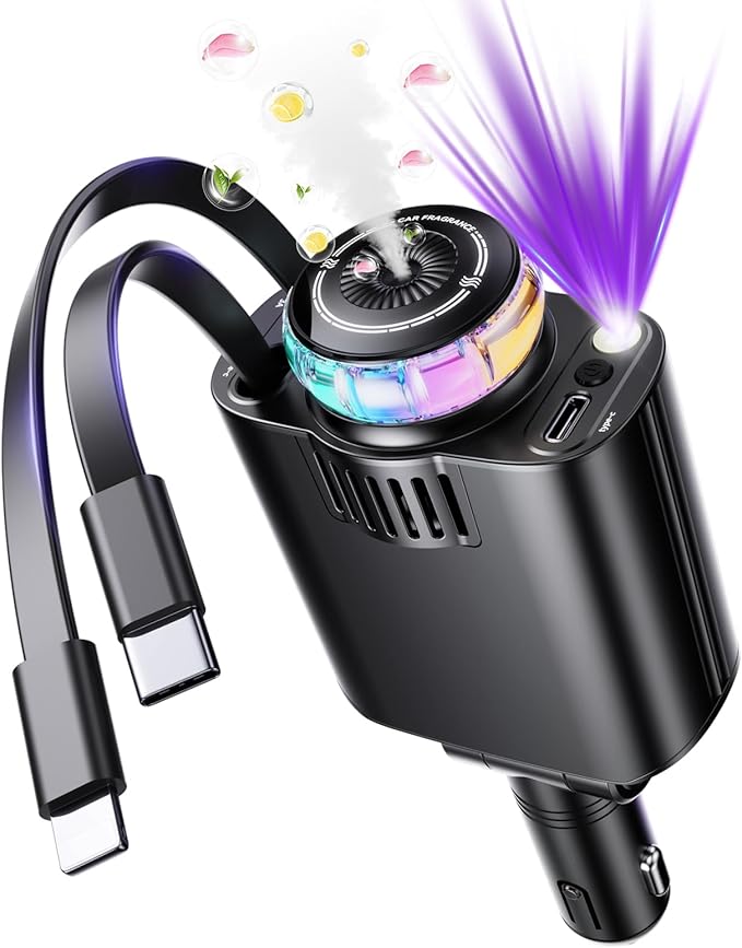 Retractable Car Charger with Aromatherapy and Starlight, 5 in 1 USB C Car Charger Adapter, 69W Fast Charging Cars Phone Chargers, Cars Air Freshener Compatible with iPhone 17 16 15 14 13 and Android