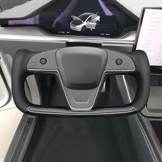 MEWANT Hand Stitch Shiny PU Carbon Fiber Black Perforated PU Leather Steering Wheel Wrap for Tesla Model S Yoke Model X