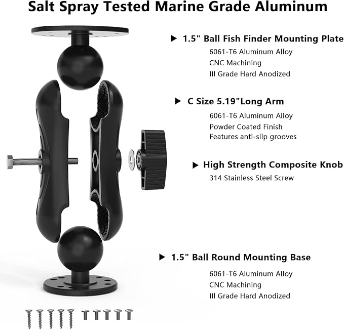 Aluminum Alloy Fish Finder Mount with C Size 1.5" Ball Rectangular Plate & Round Base, 5.19" Arm Marine Electronic Mount Compatible with Garmin,Humminbird Kit (Black)