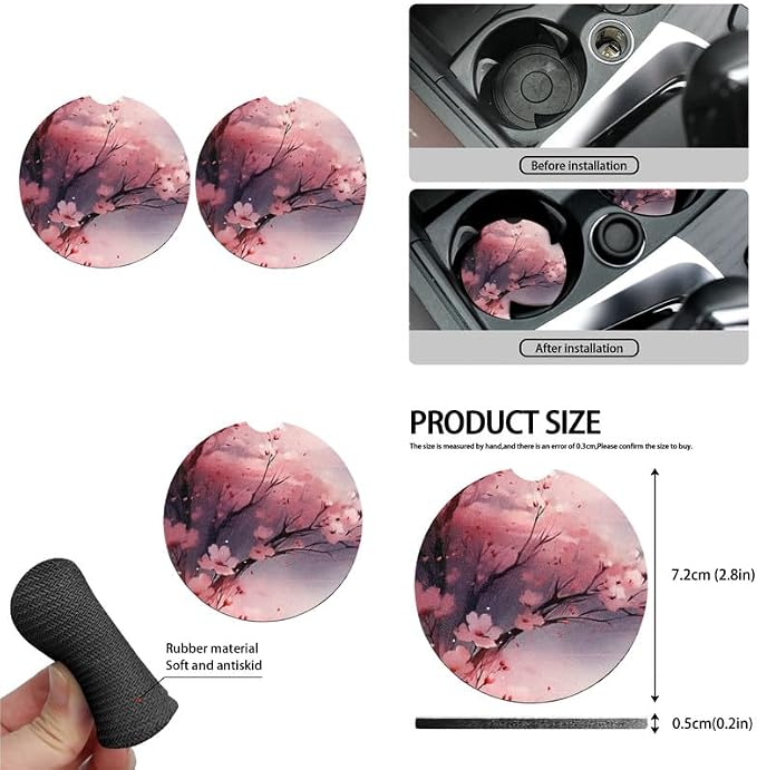 Cherry Blossom Hand Drawing Car Seat Cover Full Set 13 Pcs Front Back Seat Cover Pink Flower Art Painting Steering Wheel Cover,Seatbelt Pad Keychain Coaster