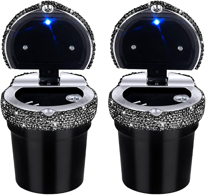 eing Car Ashtray Portable Cigarette Smokeless Cylinder Cup Holder with Blue LED Light Indicator and 2 Replacement Batteries,Car Accessories for Women,Ideal for Car,Home and Office,2-Pack Black+Black