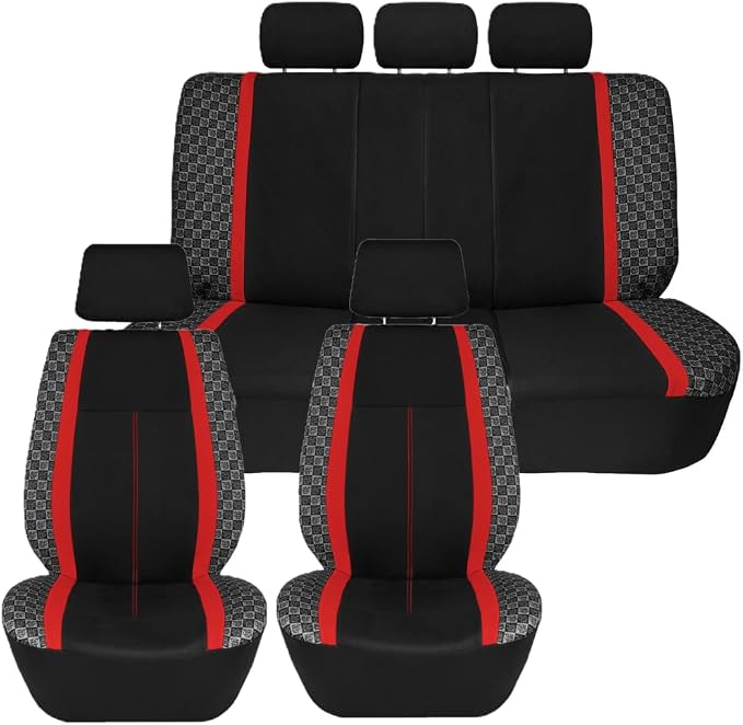 We Are Young Life is Fun™ Checker Car Seat Covers Universal Fit Interior Accessories Full Set Red Seat Cover Combo Steering Wheel Cover and Seat Belt Pads, Airbag and Split Rear Car Seat Covers