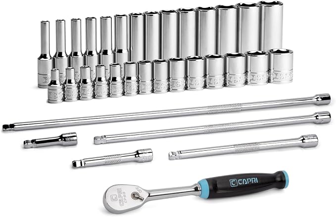 Capri Tools 1/4 in. Drive Master 6-Point Chrome Socket Set, 4 to 15 mm, with Extension and 90-Tooth Soft Grip Ratchet, 34-Piece, Metric