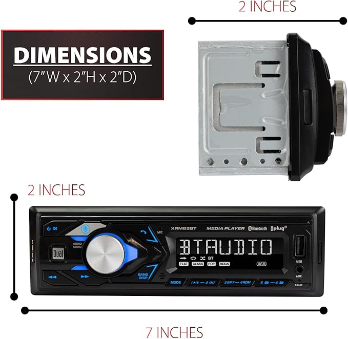 Dual Electronics XRM69BT 7-Character LCD Single DIN Car Stereo | Bluetooth Hands Free Calling & Music Streaming | Push to Talk Assistant | AM/FM Radio | USB Playback & Charging | Not a CD Player