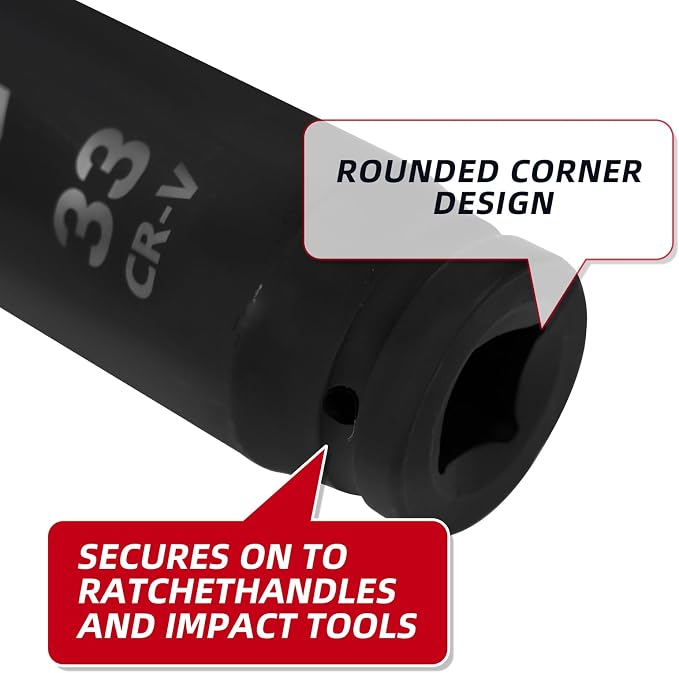 3/4" Drive 33mm Extra Deep Impact Socket, 8" (200mm) Long, 6-Point for Truck, Trailer, and Tractor Wheel Nuts, Heat Treated Cr-V Alloy Steel, One-Piece Forged, Radius corner design