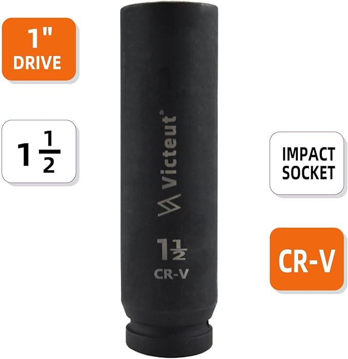 1" Drive 1-1/2" Extra Deep Impact Socket, 8-Inch (200mm) Long, 6-Point Truck & Trailer & Tractor Wheel Nut Socket, Heat Treated Cr-V Alloy Steel, One-Piece Forged, No Torque Loss