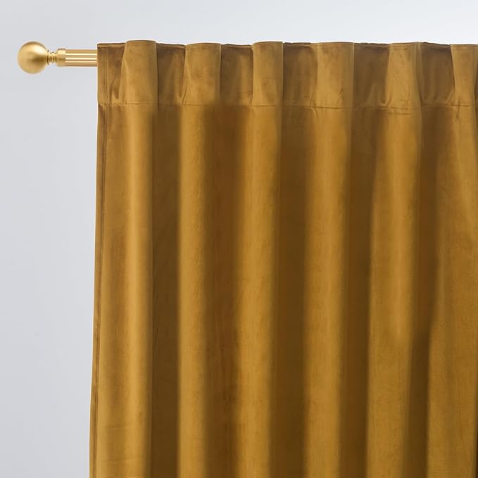 Roslynwood Luxury Soft Mustard Velvet Curtains 90 inches Long Back Tab Thermal Insulated Blackout Window Drapes for Living Room/Bedroom/Dining Room, W52 x L90, 2 Panels