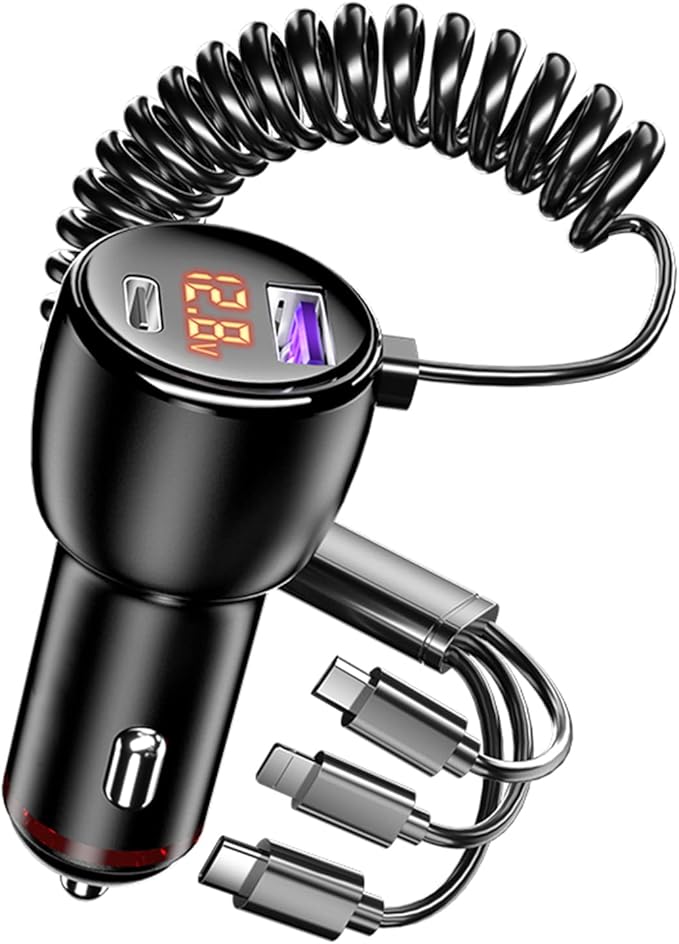 Phmnkl Super Fast Car Charger Type C, 66W+65W+20W QC3.0&PD3.0 5 Port Built-in 4FT Cable USB C Car Charger Fast Charging for iPhone 14/13/12/Google/Pixel/Motorola/LG Android Phones