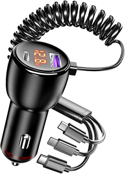 Phmnkl Super Fast Car Charger Type C, 66W+65W+20W QC3.0&PD3.0 5 Port Built-in 4FT Cable USB C Car Charger Fast Charging for iPhone 14/13/12/Google/Pixel/Motorola/LG Android Phones