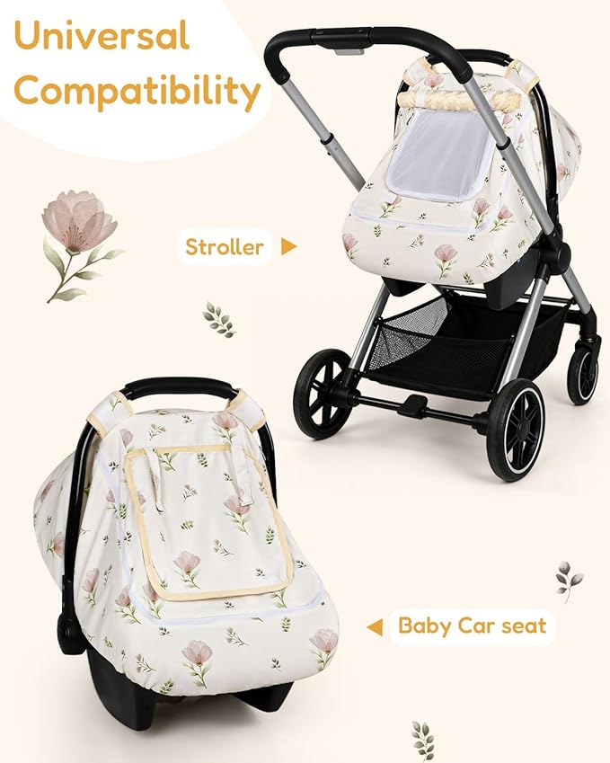 SWESEN Baby Car Seat Cover/Insert, Summer Carseat Covers Baby Girl, Easy Access carseat Canopy Snug Fit Baby Stroller, Dual-Layer Protection, Cooling Mesh & Roll-Up Sun Shade, Floral