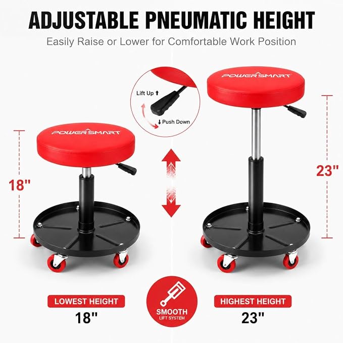 PowerSmart Pneumatic Roller Seat with Wheels, Adjustable Rolling Mechanic Stool with Tool Tray, Hydraulic Garage Shop Stool, 330 lbs Capacity Swivel Creeper Seat for Automotive Repair