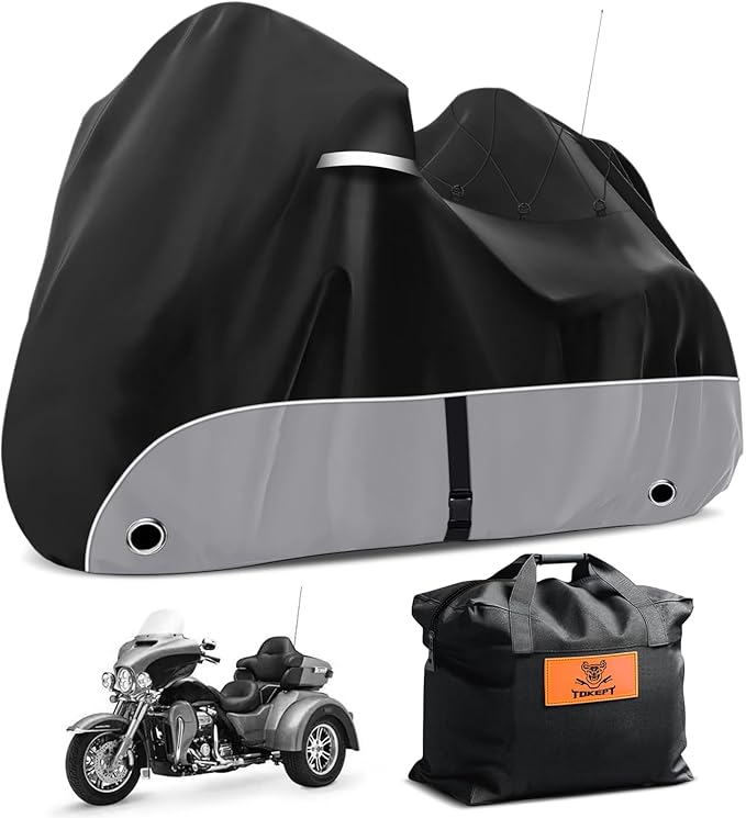 Trike Cover, 420D Outdoor Waterproof Three Wheeler Cover with Ventilation Holes and Reflective Strips, Suitable for Trike Models Freewheeler, CVO Version, Tri Glide, Chieftain, Goldwing Grey