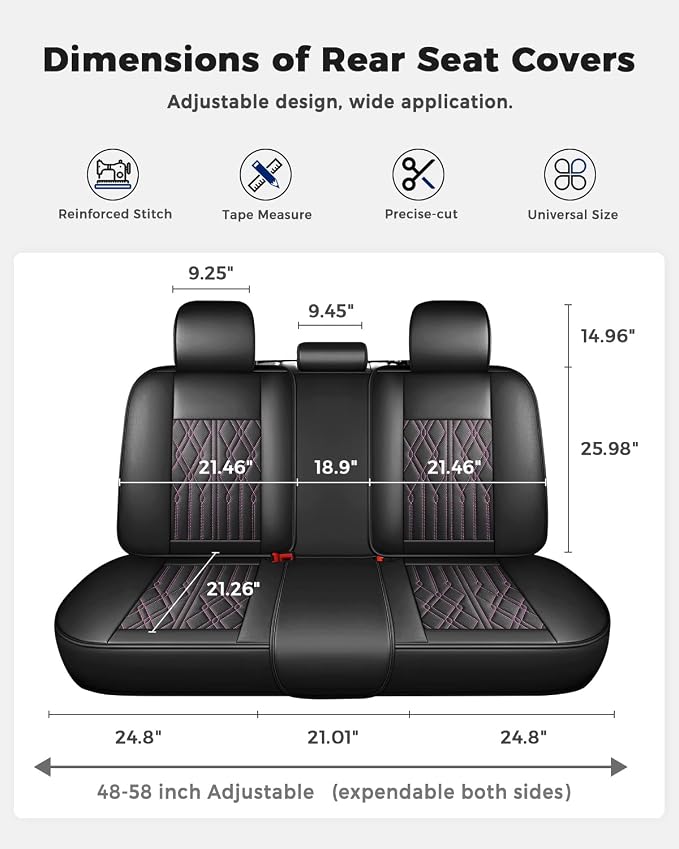 Huidasource Rear Seat Covers, Waterproof Faux Leather Rear Split Bench Car Seat Covers, Universal Fit for Most Cars Sedans SUVs Pickups Trucks, Cup Holder Compatible, Black&Purple