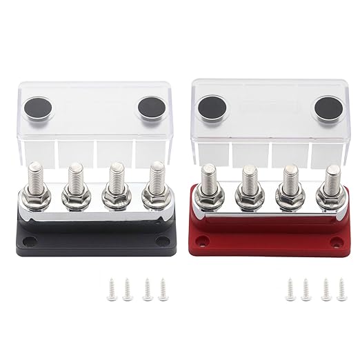 Bus Bar Copper 12V-48V DC 600A High Current Busbar Distribution Blocks with 4X 3/8" Posts Electrical Terminals, Heavy Duty Positive& Negative Ground Battery Buss Bars, Red&Black 2 Pack