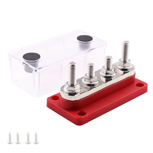 Busbar Copper 300A 12V-48V DC, 4 x 5/16” Posts Battery Terminals Bus Bar, Red Positive Power Distribution Block with Cover for Car RV Solar Truck Marine
