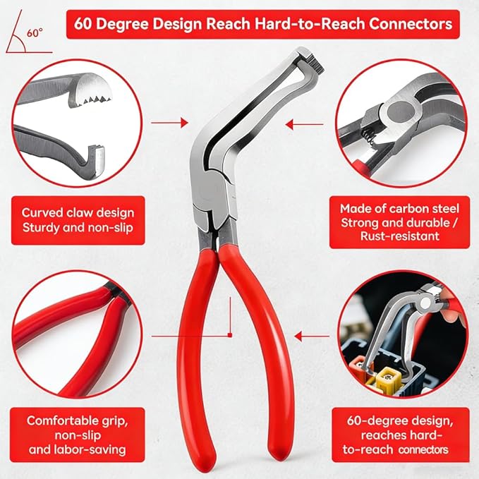 Automotive Electrical Disconnect Pliers Kit 5pc Fuel Line Tool Set Hose Clamp 60° Angled Connector Separator Trim Clip Removal Tools Plug Release & Wire Terminal Remover for Auto Repair