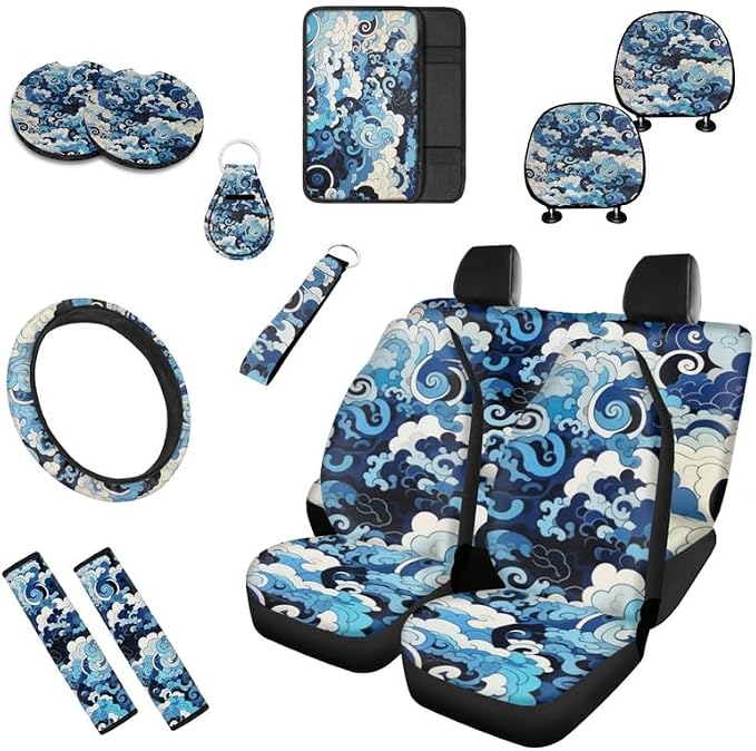 The Great Wave Off Kanagawa Pattern 13 Piece Car Seat Covers Retro Blue Swirl Wave Print for Women Steering Wheel Cover Cup Coasters Seat Belt Pads Cover
