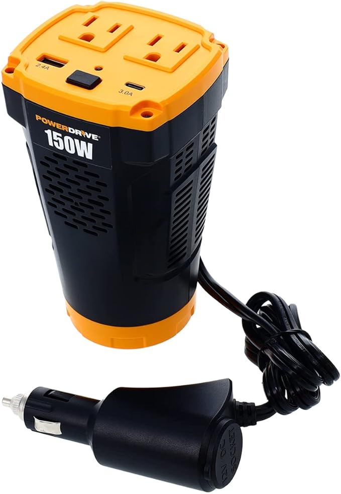 PowerDrive PWD150C 150W Power Inverter for Cup Holders 12v DC to 110v AC with 2 Outlets and 2 Ports