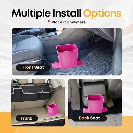 Pink Car Trash Can with Stability Wings | Magic Strip & Clip for Fabric & Rubber Mats – Includes 1 Box of Trash Bags Inside + 6 Extra Boxes (Total of 7 Boxes, 140 Bags) – Compact Garbage Bi