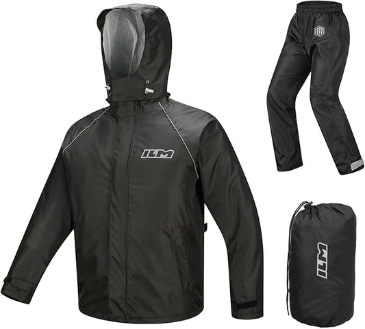ILM Motorcycle Rain Suit for Men 2 Piece Waterproof Jacket and Pants Hidden Shoe Cover Breathable Reflective Model RS03