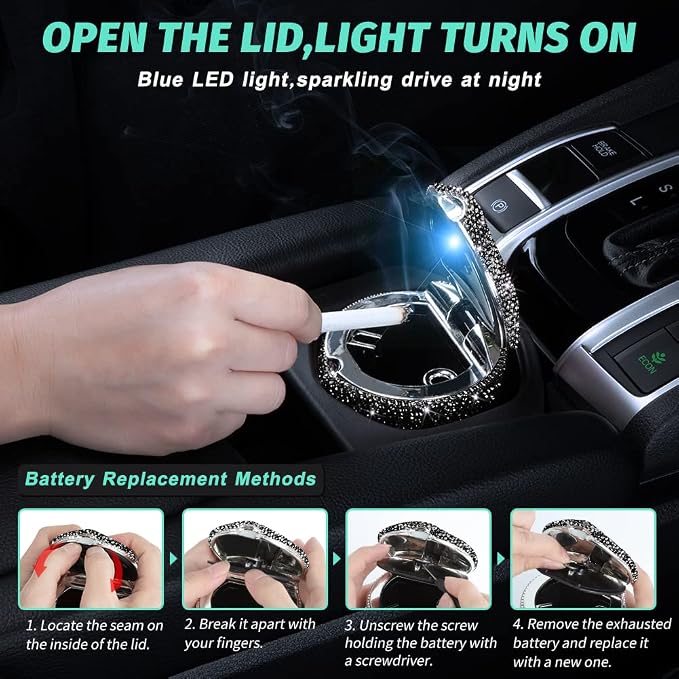 eing Car Ashtray Portable Cigarette Smokeless Cylinder Cup Holder with Blue LED Light Indicator and 2 Replacement Batteries,Car Accessories for Women,Ideal for Car,Home and Office,1-Pack Black+Black