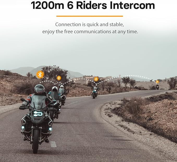 FreedConn Motorcycle Helmet Bluetooth Headset Intercom with Music Share, Universal FG 1200m 6-Way Group Communication Systems Ultra-Thin with Hard Mic/Noise Cancellation/Waterproof (2 Pack)