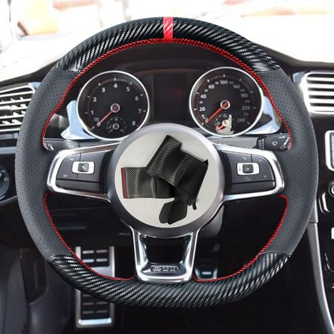 DIY Stitching Carbon Fiber Steering Wheel Cover for Volkswagen VW Golf GTI 7 MK7 Golf R Jetta 2.0T GLI 2015 2016 2017 2018 2019 2020 2021 Black 15 inches Leather Interior Accessories