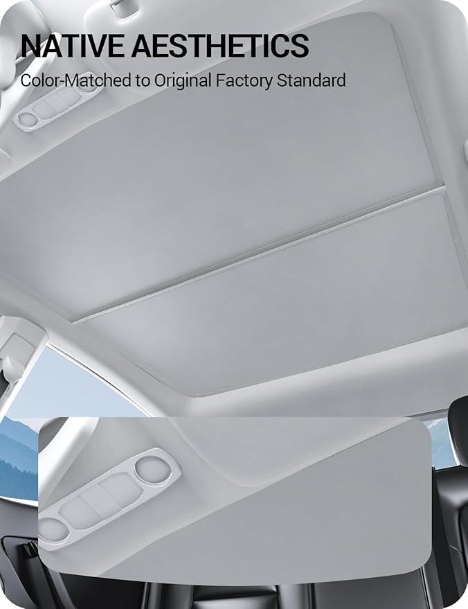 BASENOR 2024-2020 Tesla Model Y Sunshade Roof, [Nano Ice-Crystal Coatings] Heat Insulation Glass Roof Shade, Top Window Retractable Sun Protection, Sunroof Blocking Cover for Model Y Gray