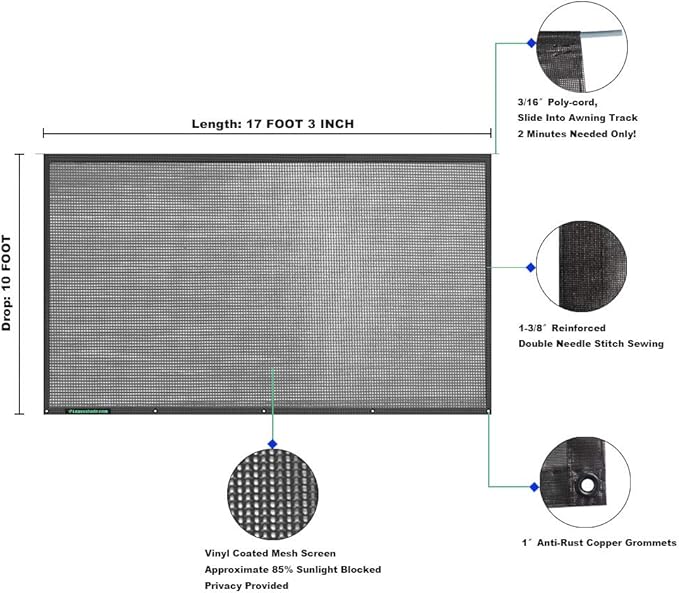 Leaveshade RV Awning Sun Shade Screen 10' X 17' 3''(Fit for 18' Awning) Mesh Sunshade for RV Awning Block UV Galare Motorhome Camping Trailer Awning Sunscreen Sunblocker - 3 Year Warranty (Black)